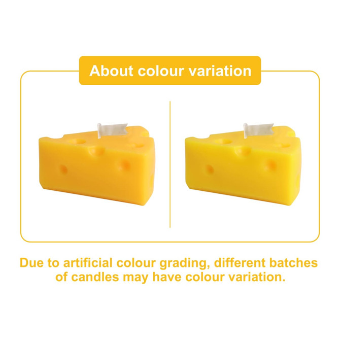 Triangle-shaped candles in bright yellow with a white wick, featuring textured holes resembling cheese. Includes a logo.
