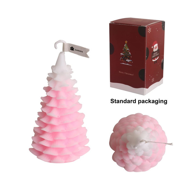 Cedar Christmas tree shape candles in pink with a white top, packaged in festive Christmas-themed boxes.