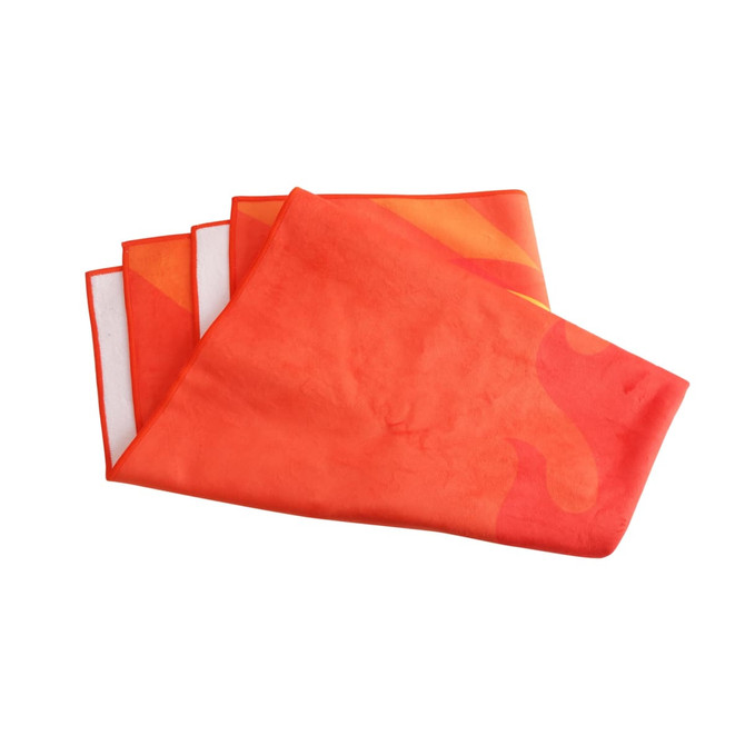 A vibrant orange sports towel, featuring a smooth texture, folded neatly. It has a logo on it.