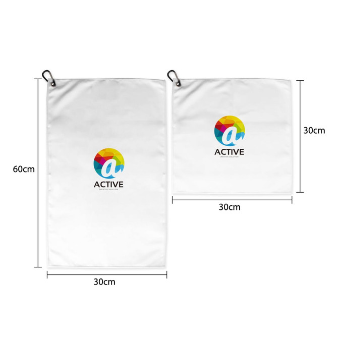A white golf towel featuring a logo, with dimensions of 60cm by 30cm, and an additional smaller towel of 30cm by 30cm.
