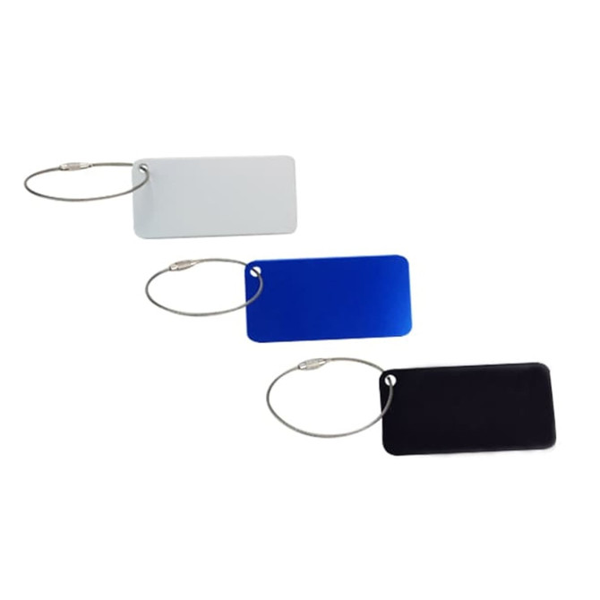 Square aluminium luggage tags in white, blue, and black, each attached to a metal ring.
