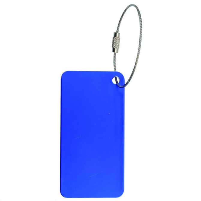 A blue square aluminium luggage tag with a metal cable attachment. Features a logo on one side.