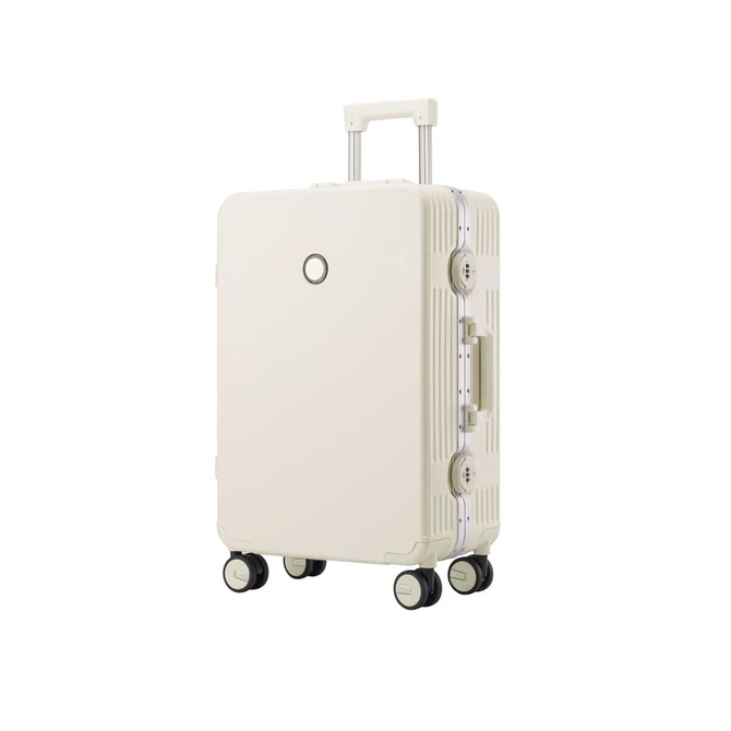 A ribbed ABS suitcase in cream colour, featuring a retractable handle and roller wheels. It has a circular logo on the front.