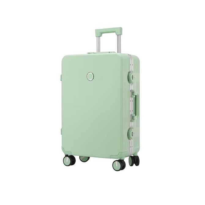 A mint green ribbed ABS suitcase with four wheels and a retractable handle, featuring a logo on the front.