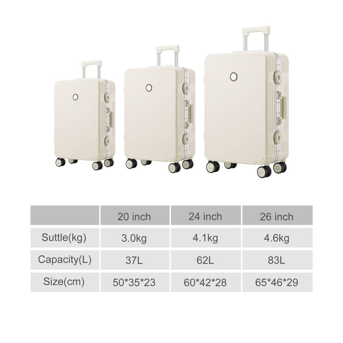 A set of three cream ribbed ABS suitcases with wheels in different sizes, featuring a logo.