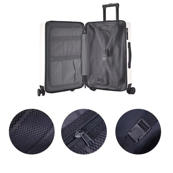 An ABS business suitcase in white with an open interior, featuring black compartments, zippers, and a wheeled base.