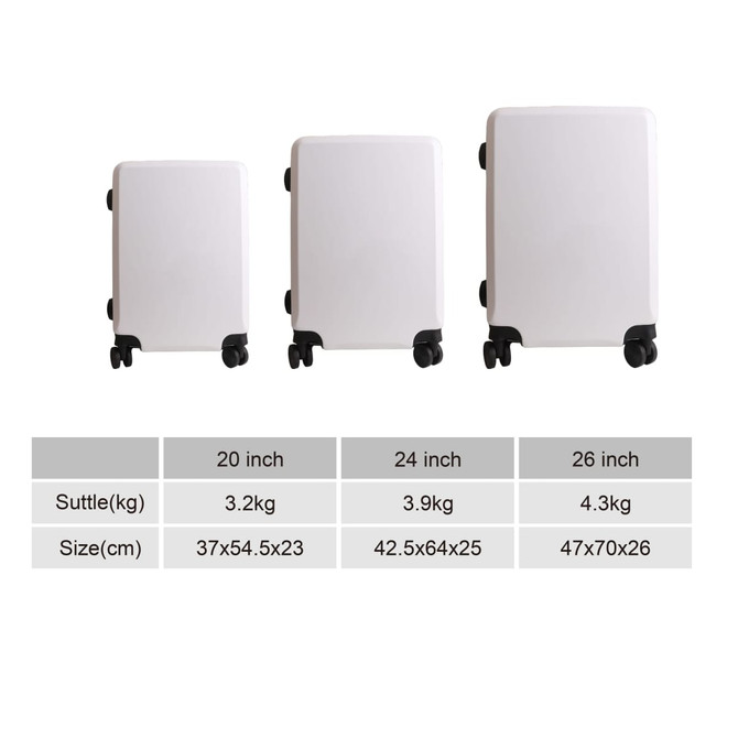 Three white ABS business suitcases of varying sizes, featuring wheels and a logo on each.
