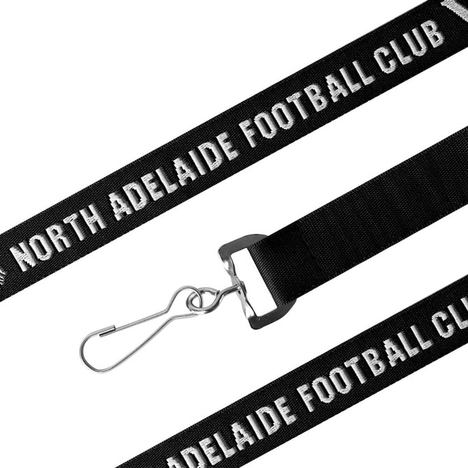 A black woven lanyard featuring a hook and a logo, ideal for events and exhibitions.