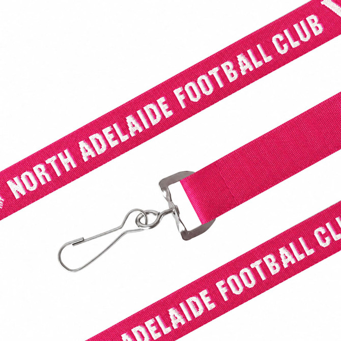 A pink woven lanyard with a metal clip and a logo, featuring text along its length.