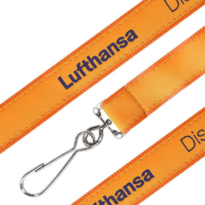 An orange woven lanyard with a silver clip and branding along its length.