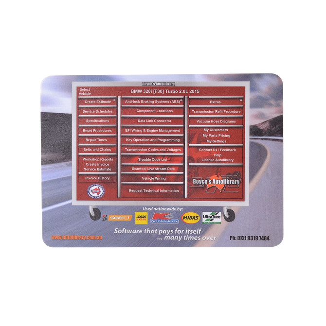 A mouse mat featuring a colourful design with various categories and a logo, primarily in red and grey tones.