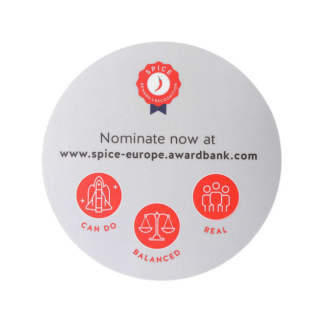 A round promotional mouse mat featuring a white surface with red icons and a logo.