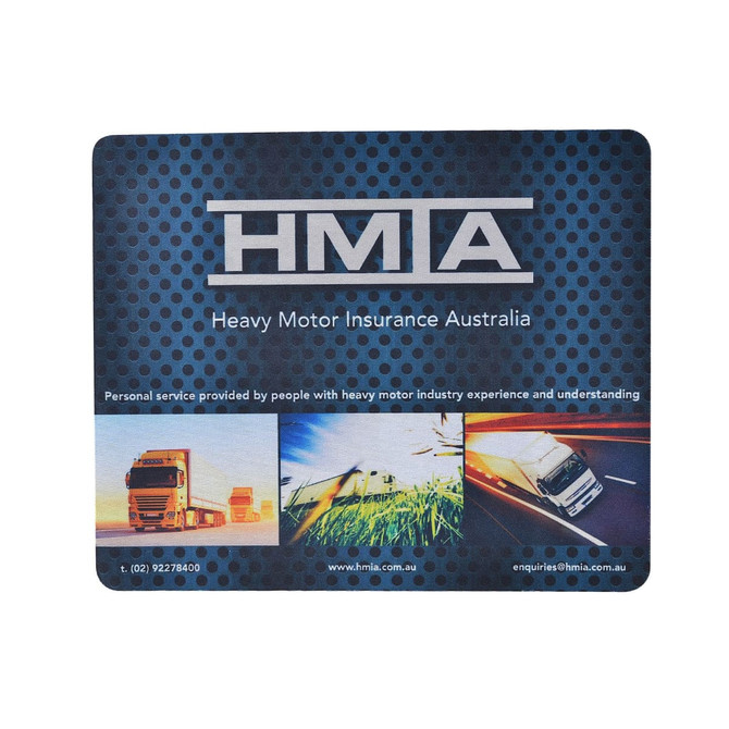 A mouse mat featuring a blue and black design with a logo, depicting trucks and various road scenes.