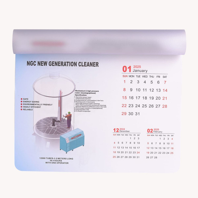 A mouse mat featuring a calendar layout, predominantly in white with a blue accent, and a logo in the design.