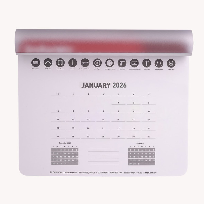 A mouse mat featuring a calendar design for January 2026, predominantly white with black icons and a logo.