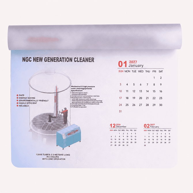 A mouse mat featuring a calendar for January and February 2027, colours include grey and white, with a logo.