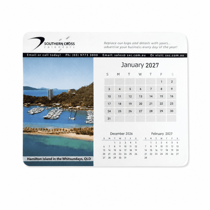 A mouse mat featuring a scenic image of Hamilton Island, QLD, along with a calendar for January 2027.