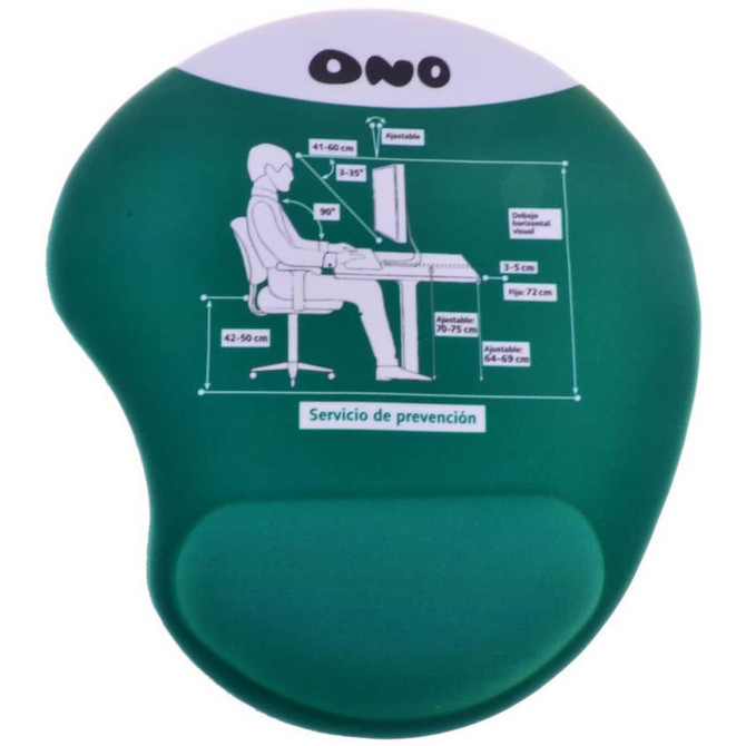 A green Bean Gel Pad with a contoured design, featuring a logo and an illustration related to office ergonomics.