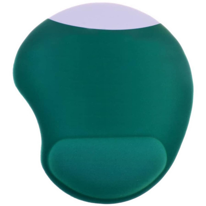 A green gel mouse pad with a smooth surface and a rounded shape, featuring a white top section.