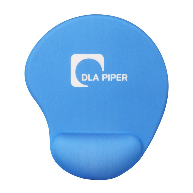 A blue gel mouse pad with a smooth surface and a wrist rest, featuring a logo.