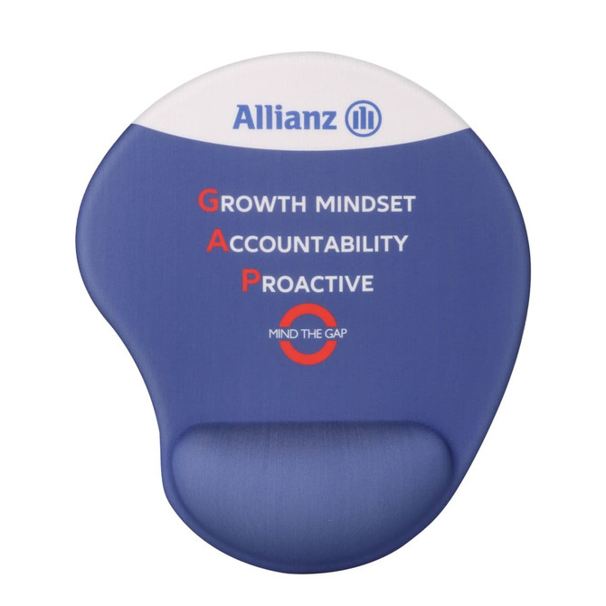 A blue gel mouse pad featuring a curved design and a logo, with the words "Growth Mindset, Accountability, Proactive".