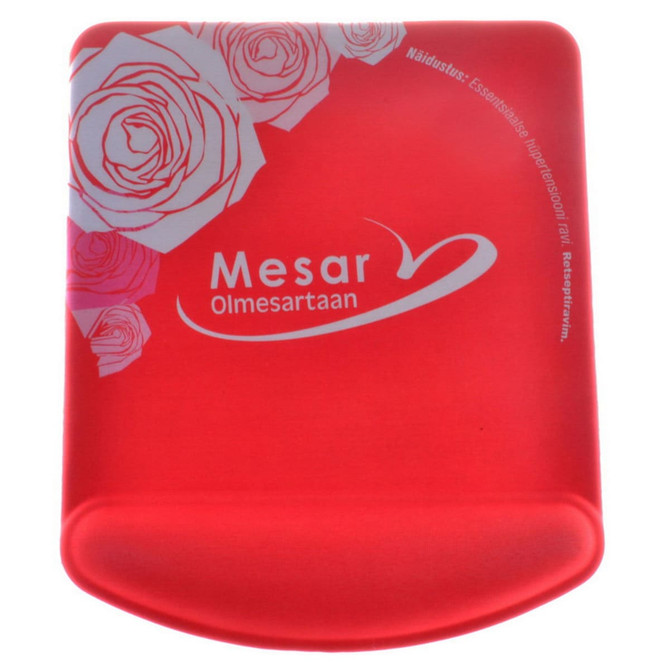 A rectangular gel pad in vibrant red with a floral design and a logo in the corner.