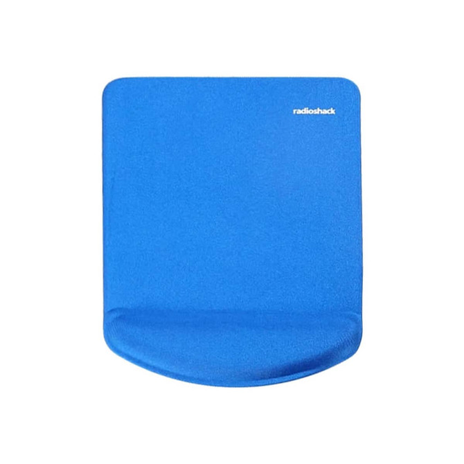 A blue rectangular gel pad with a smooth surface and a curved edge, featuring a logo in one corner.