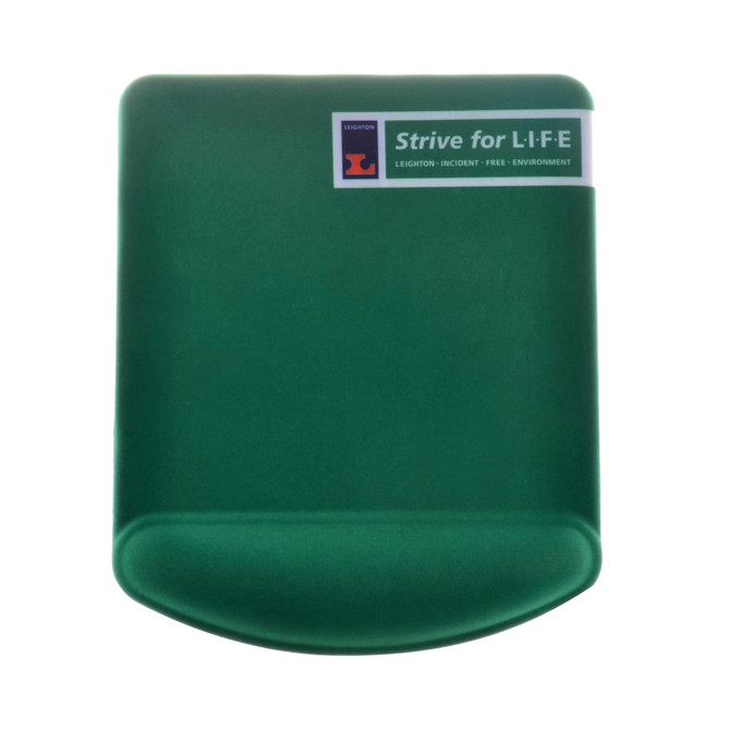 A green rectangular gel pad with a smooth surface and a curved edge, featuring a logo and branding label.