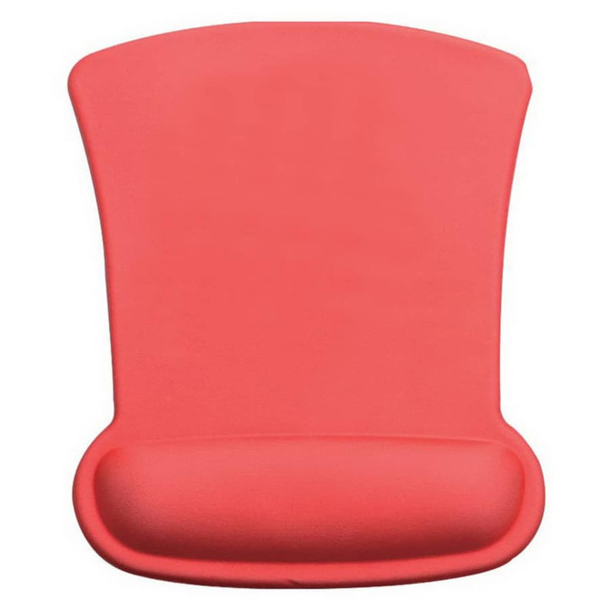 A red gel mouse mat shaped like a top hat, featuring a comfortable wrist pad. Includes a logo.