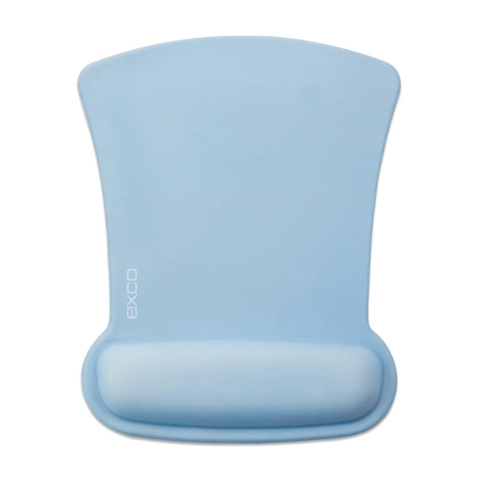 A light blue gel pad for mouse use, featuring a curved design and a smooth surface. It has a logo on one side.