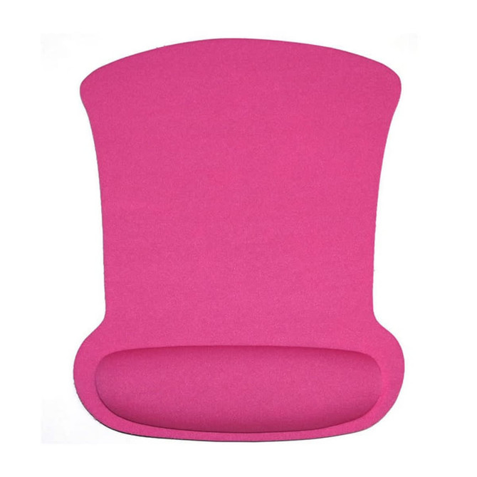 A pink gel mouse mat featuring a cushioned wrist rest and a smooth surface, with a branding logo.