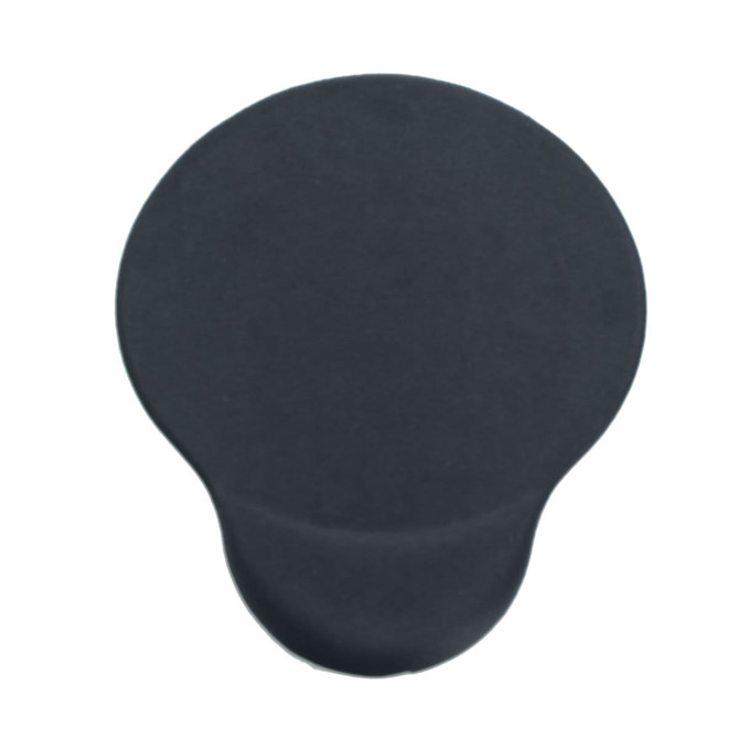 A round, black gel pad designed for use as a mouse mat, featuring a smooth surface and a rounded shape.