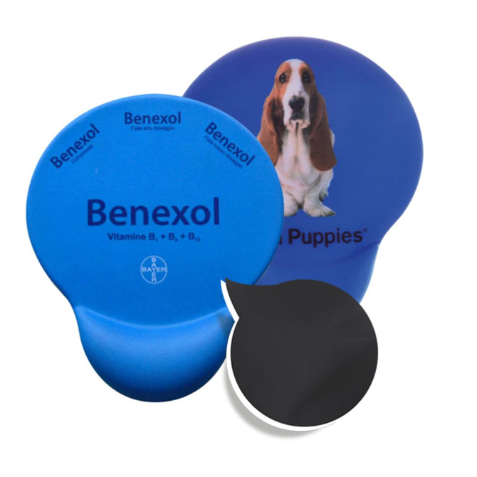 A blue mouse mat featuring a dog image on one side and a solid blue surface on the other, with a logo.