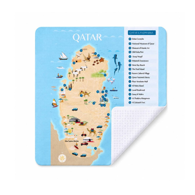 A microfibre cleaning mouse pad featuring a colourful map of Qatar with landmarks and activities illustrated. It has a branding logo.