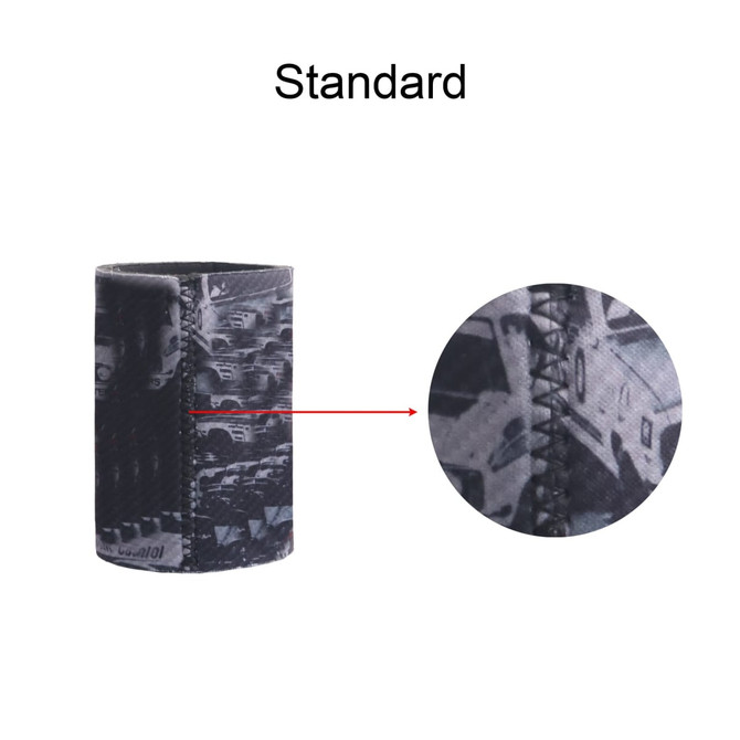 A stubby holder with a black and grey design, featuring a fabric-like texture and a visible seam.