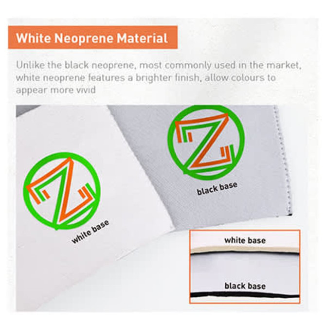 A close-up of two neoprene fabric samples, one white and the other black, highlighting their differences in finish.