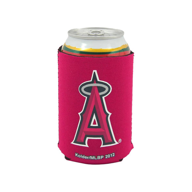 A pink stubby holder with a logo, designed to fit a standard drink can.