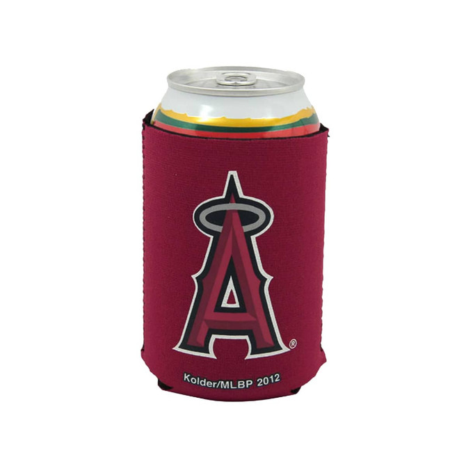 A drink can is nestled in a maroon foldable stubby holder featuring a logo.