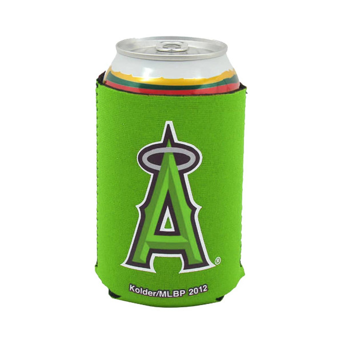 A green foldable stubby holder featuring a logo, designed to fit a standard drink can.