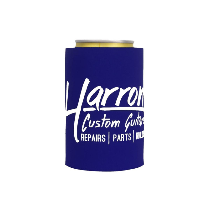 A drink bottle stubby holder in blue featuring a logo. Suitable for keeping beverages cold.