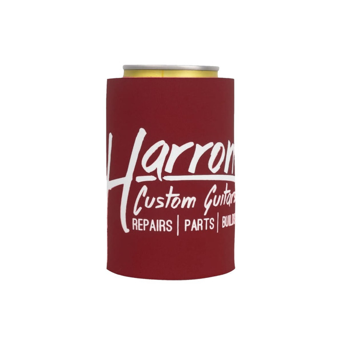 A drink bottle holder in maroon featuring white branding, designed to fit standard beverage cans.