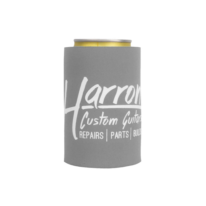 A drink bottle stubby holder in grey with a logo, suitable for keeping beverages cold.