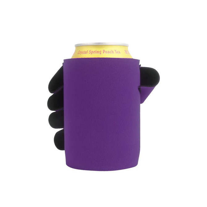 A purple stubby holder designed to fit a drink can, featuring a hand-shaped grip.