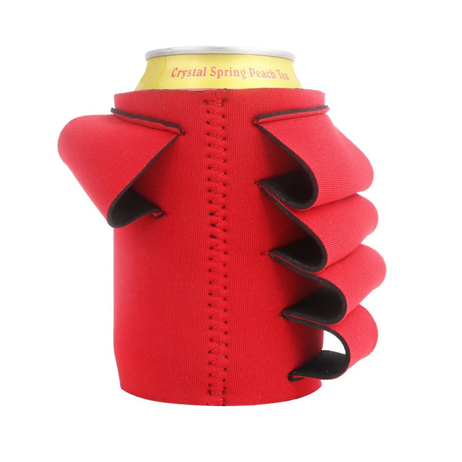 A drink can holder in vibrant red with decorative ruffles and a black trim, featuring a logo.