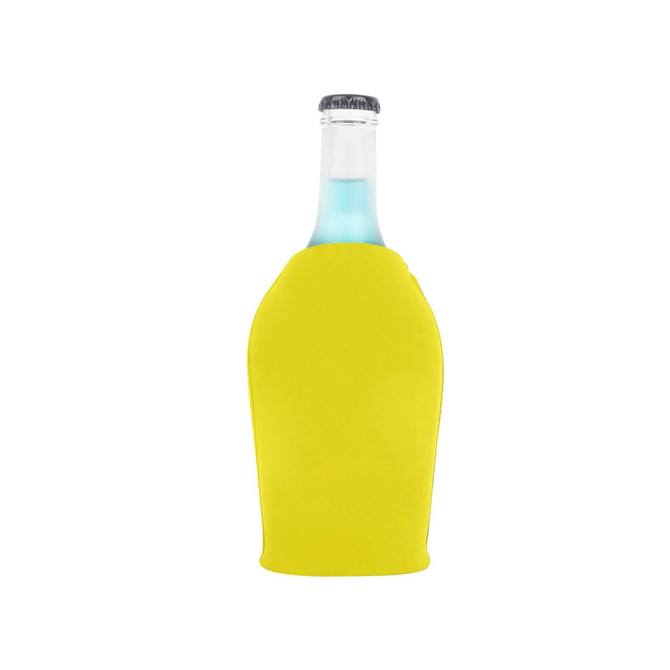A drink bottle is wrapped in a bright yellow cooler with a zipper, featuring a logo.