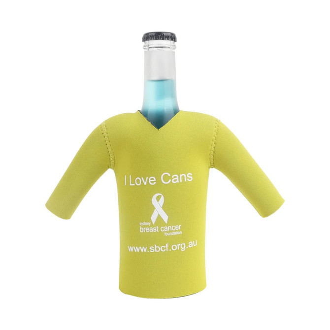 A drink bottle cooler in bright yellow, designed to resemble a cricket jersey, featuring a logo and message.
