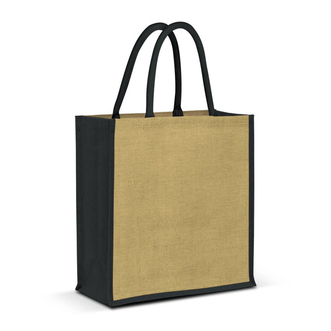 A jute tote bag in natural and dark green colours, featuring two sturdy handles and a clean design.