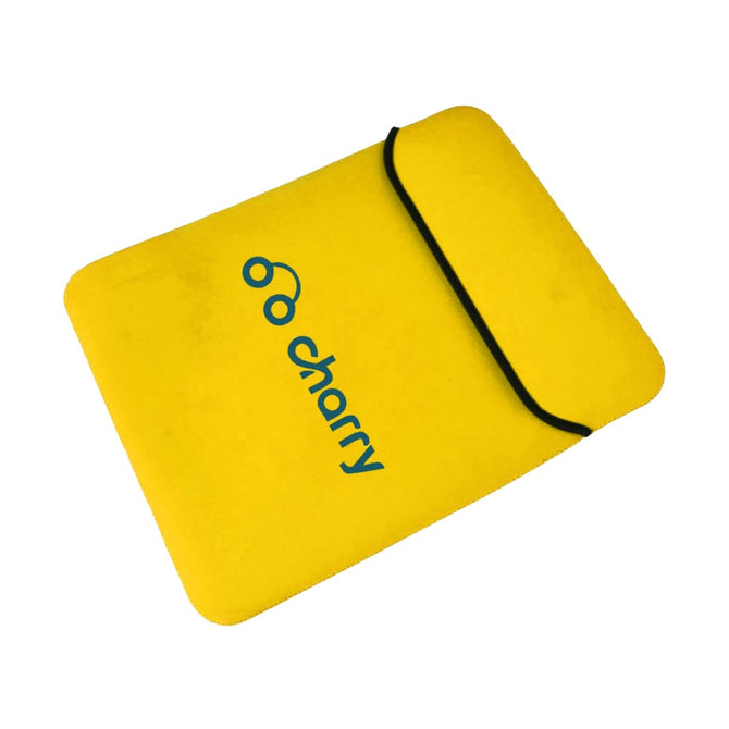 A yellow laptop bag with a black strap and logo on the front.