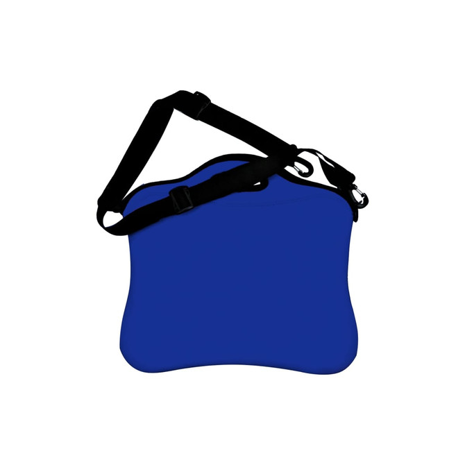 A blue laptop bag with a handle and an adjustable strap, featuring a simple design. It has a logo on the front.