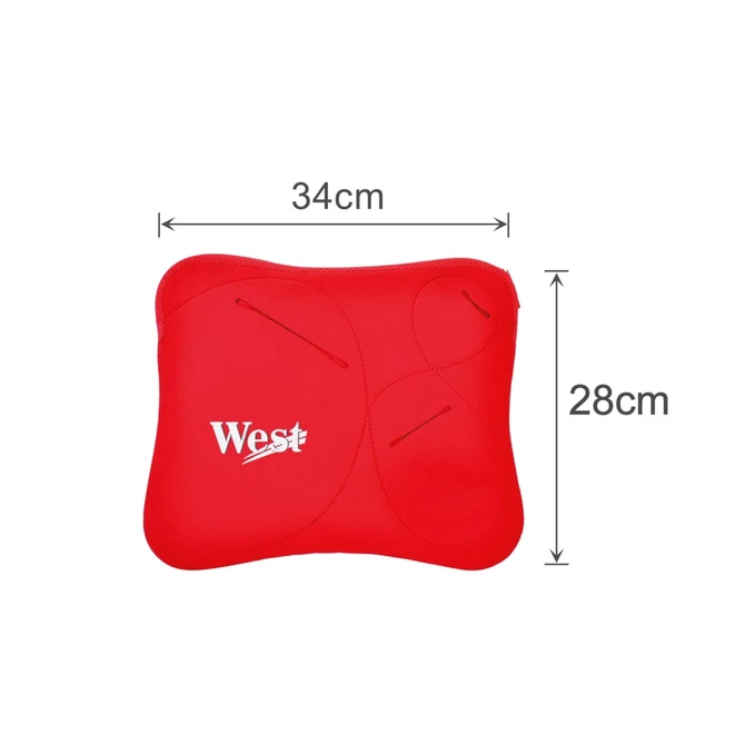 A red multi pouch laptop bag featuring a logo, measuring 34cm by 28cm. It has multiple compartments for storage.